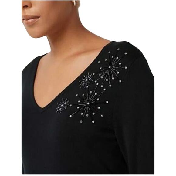 Jason Wu  V-Neck Sweater w/ Beaded Detail Size Large Black - Picture 2 of 7